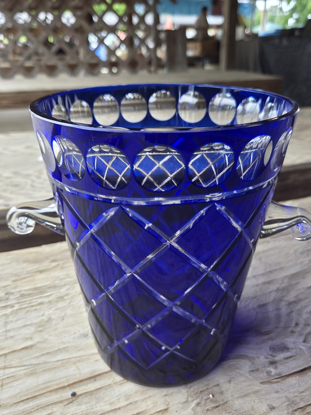 Cobalt Blue Cut Glass Ice Bucket with Handles